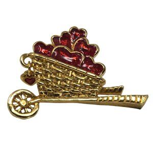 Vintage Avon Garden of Love Brooch Wheelbarrow Red Hearts and Dangle Charm Pin